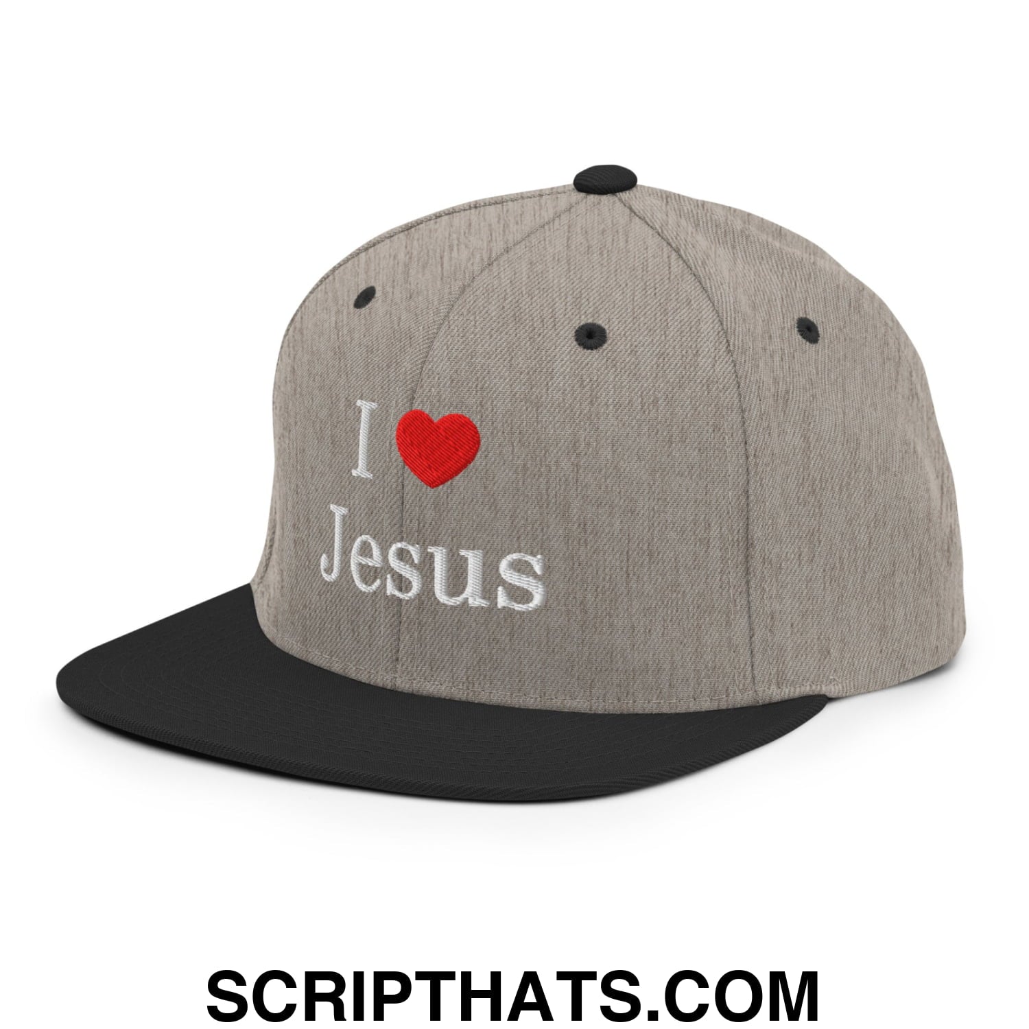 I Love Jesus Embroidered Flat Bill Brim Snapback Hat Heather Black