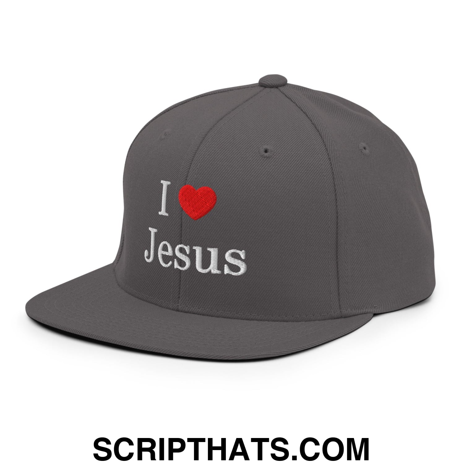 I Love Jesus Embroidered Flat Bill Brim Snapback Hat Dark Grey