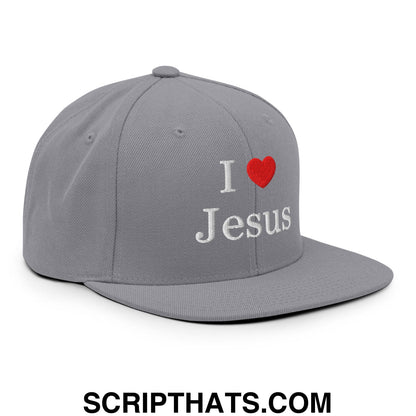 I Love Jesus Embroidered Flat Bill Brim Snapback Hat Silver