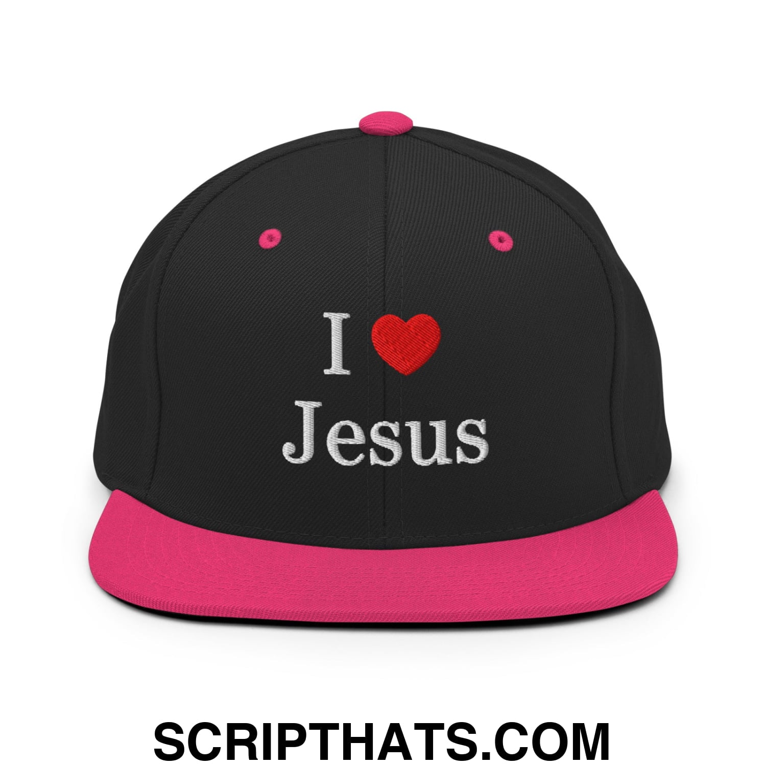 I Love Jesus Embroidered Flat Bill Brim Snapback Hat Black Neon Pink