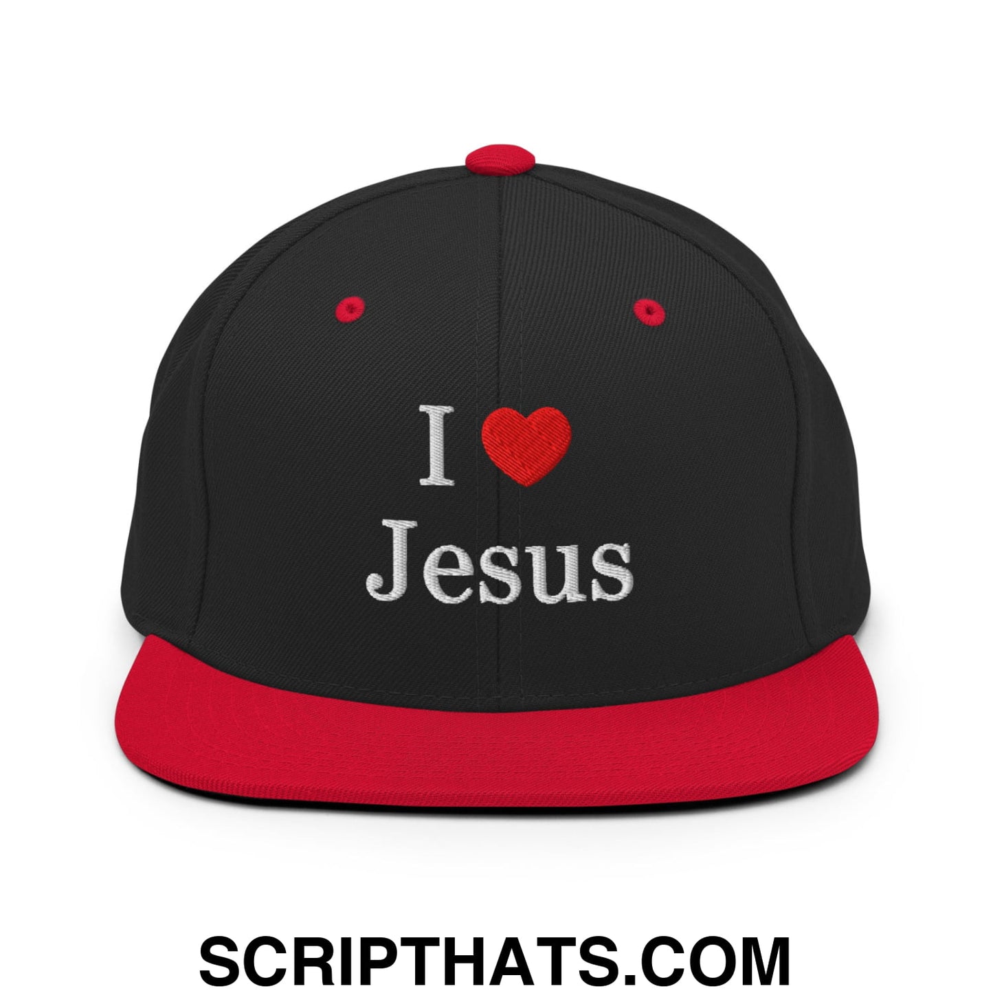 I Love Jesus Embroidered Flat Bill Brim Snapback Hat Black Red