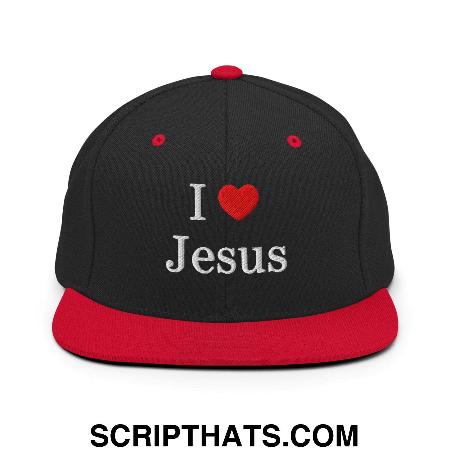 I Love Jesus Embroidered Flat Bill Brim Snapback Hat Black Red