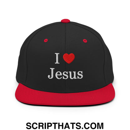 I Love Jesus Embroidered Flat Bill Brim Snapback Hat Black Red