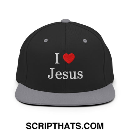I Love Jesus Embroidered Flat Bill Brim Snapback Hat Black Silver