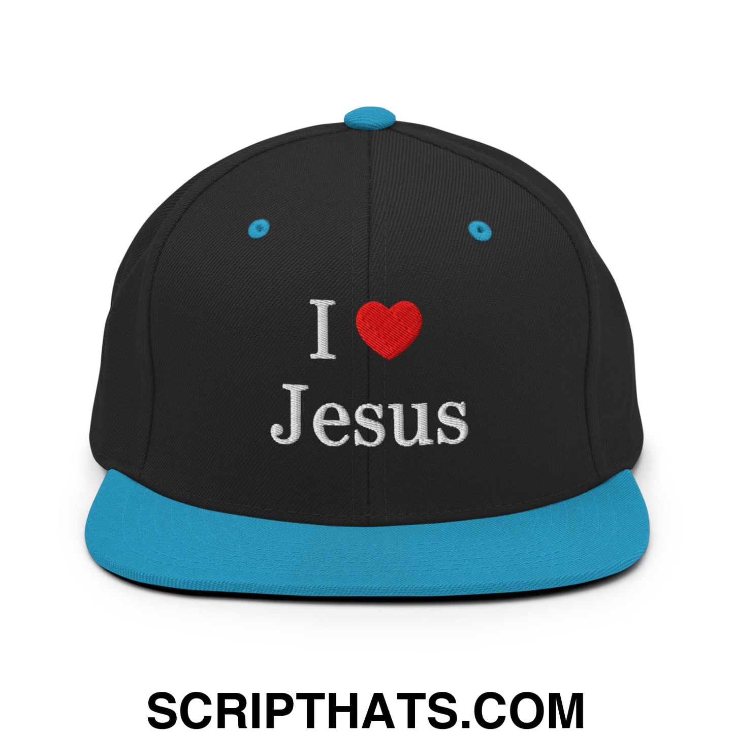 I Love Jesus Embroidered Flat Bill Brim Snapback Hat Black Teal