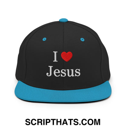 I Love Jesus Embroidered Flat Bill Brim Snapback Hat Black Teal