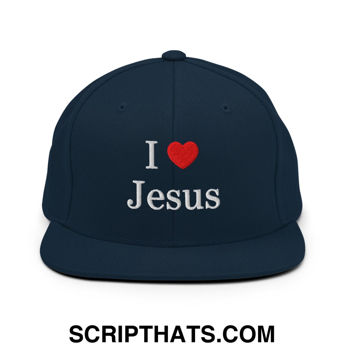 I Love Jesus Embroidered Flat Bill Brim Snapback Hat Dark Navy
