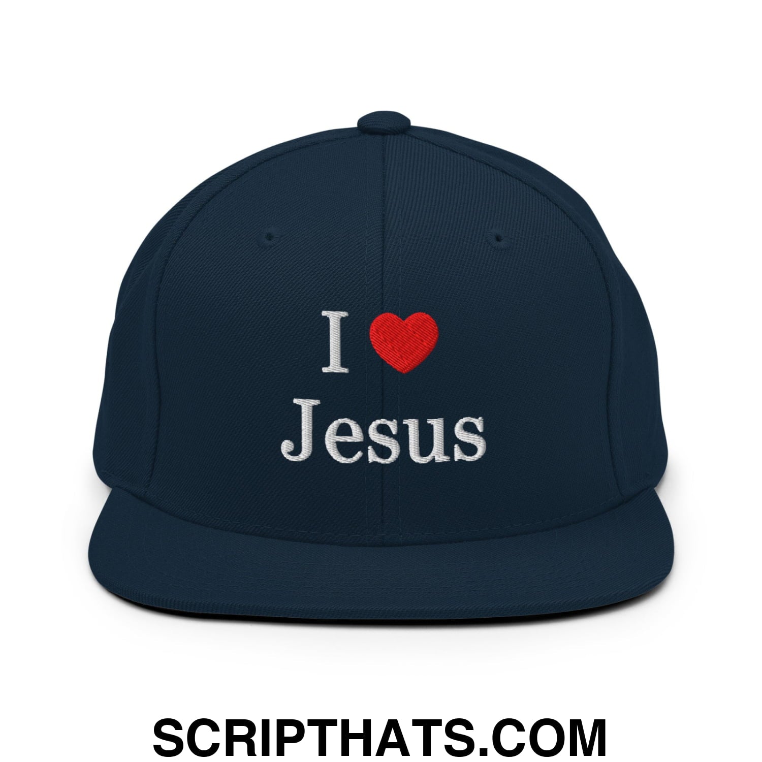 I Love Jesus Embroidered Flat Bill Brim Snapback Hat Dark Navy