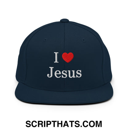 I Love Jesus Embroidered Flat Bill Brim Snapback Hat Dark Navy
