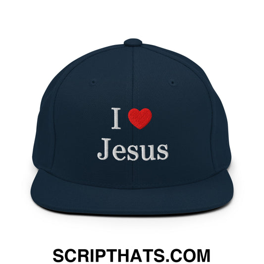 I Love Jesus Embroidered Flat Bill Brim Snapback Hat Dark Navy