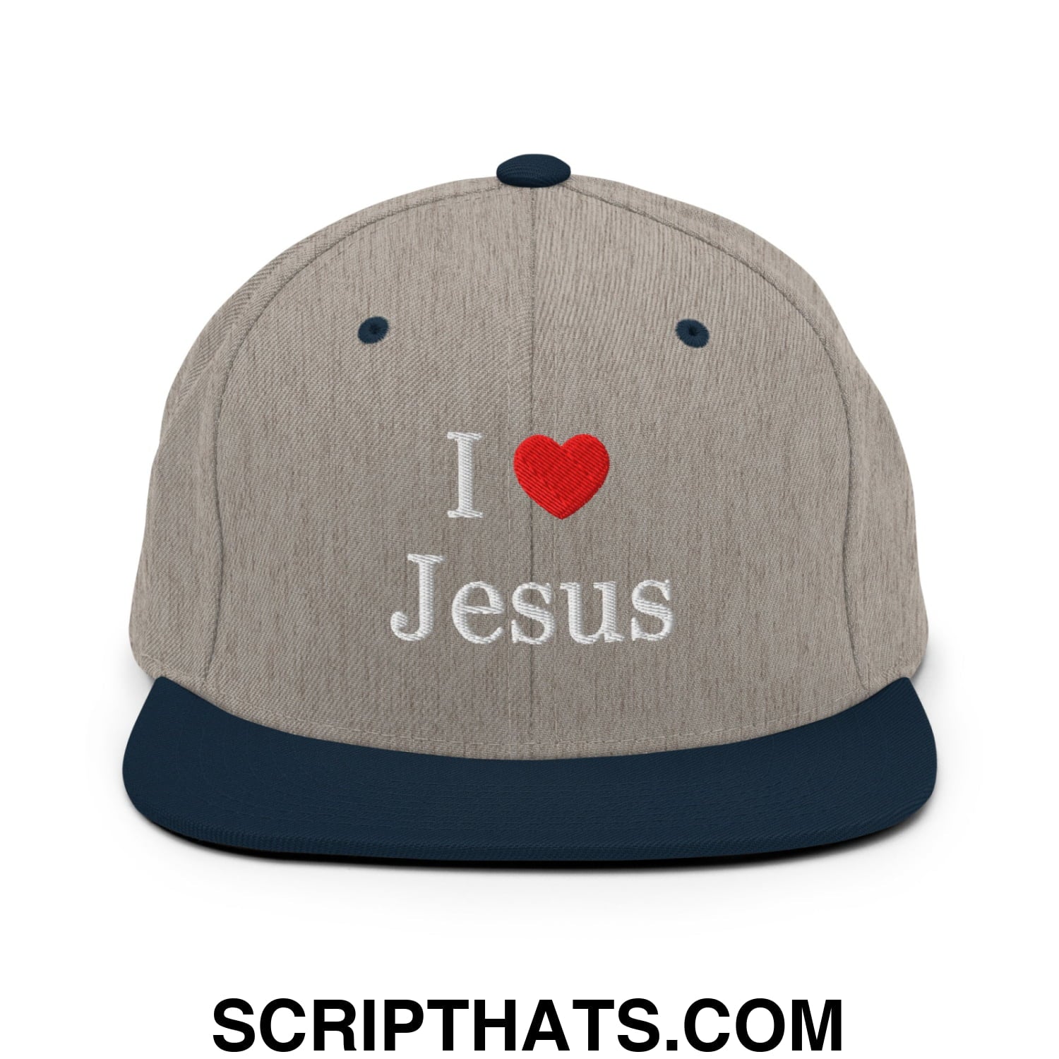 I Love Jesus Embroidered Flat Bill Brim Snapback Hat Heather Grey Navy