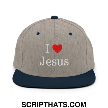 I Love Jesus Embroidered Flat Bill Brim Snapback Hat Heather Grey Navy