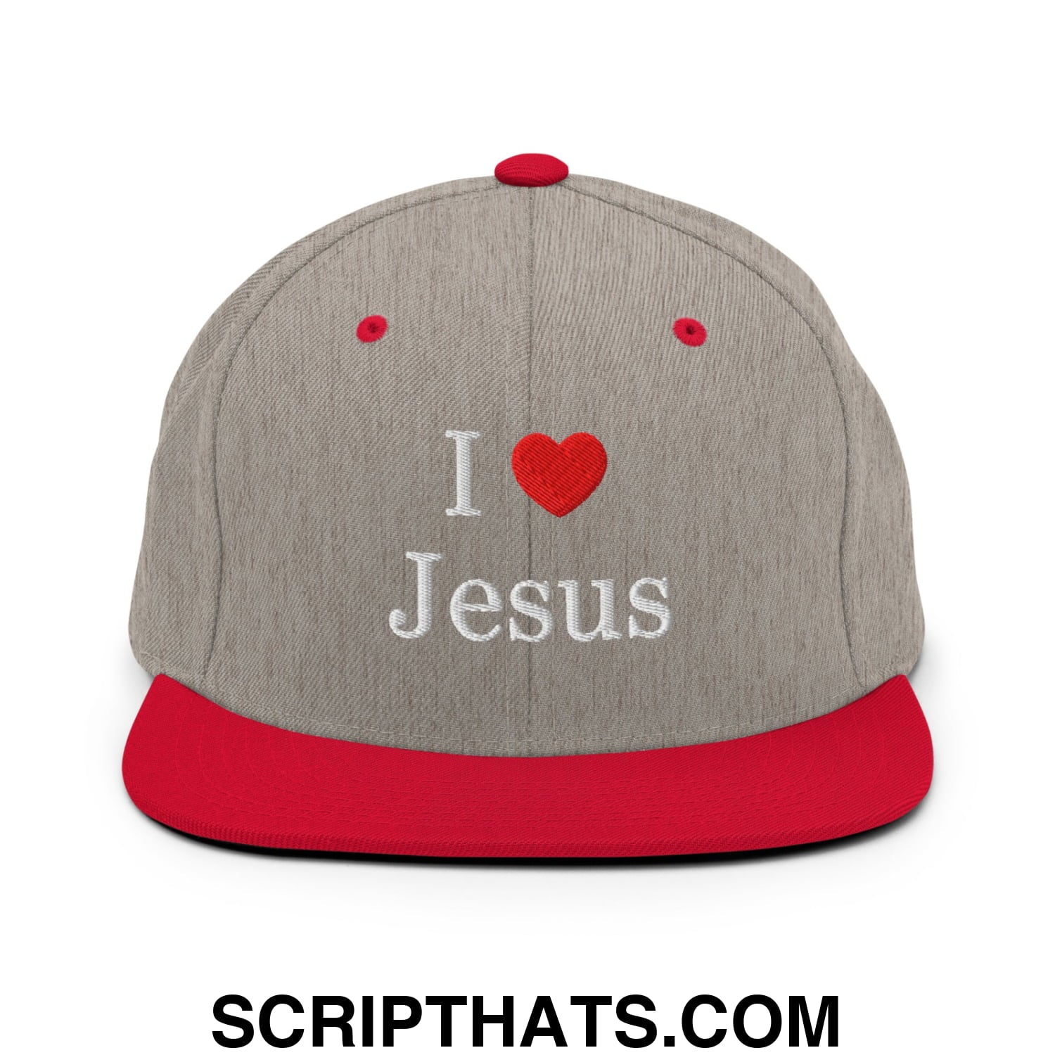I Love Jesus Embroidered Flat Bill Brim Snapback Hat Heather Grey Red