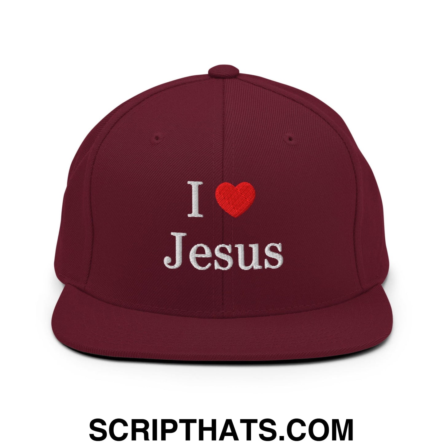 I Love Jesus Embroidered Flat Bill Brim Snapback Hat Maroon