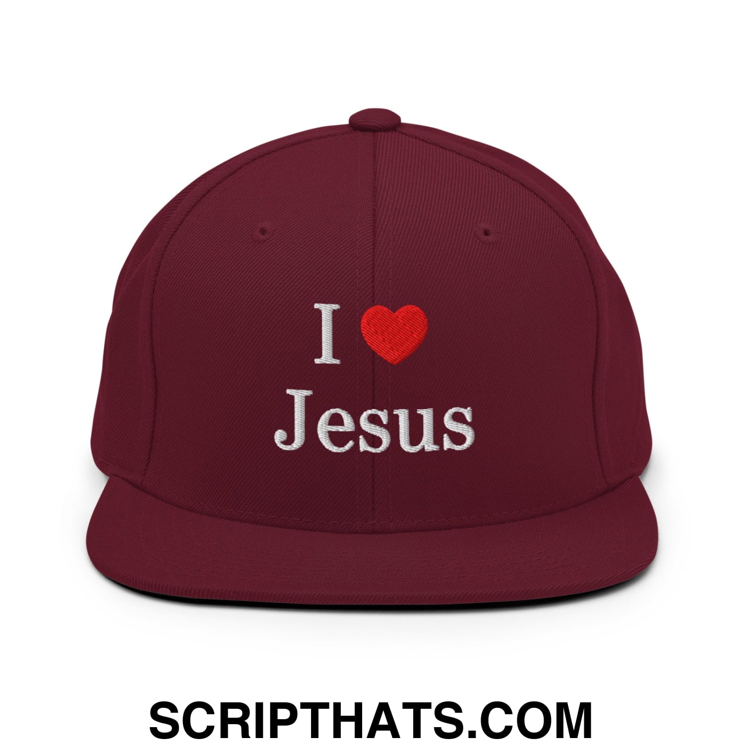 I Love Jesus Embroidered Flat Bill Brim Snapback Hat Maroon