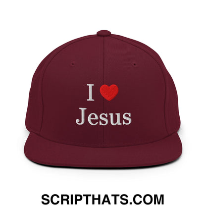 I Love Jesus Embroidered Flat Bill Brim Snapback Hat Maroon
