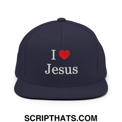 I Love Jesus Embroidered Flat Bill Brim Snapback Hat Navy