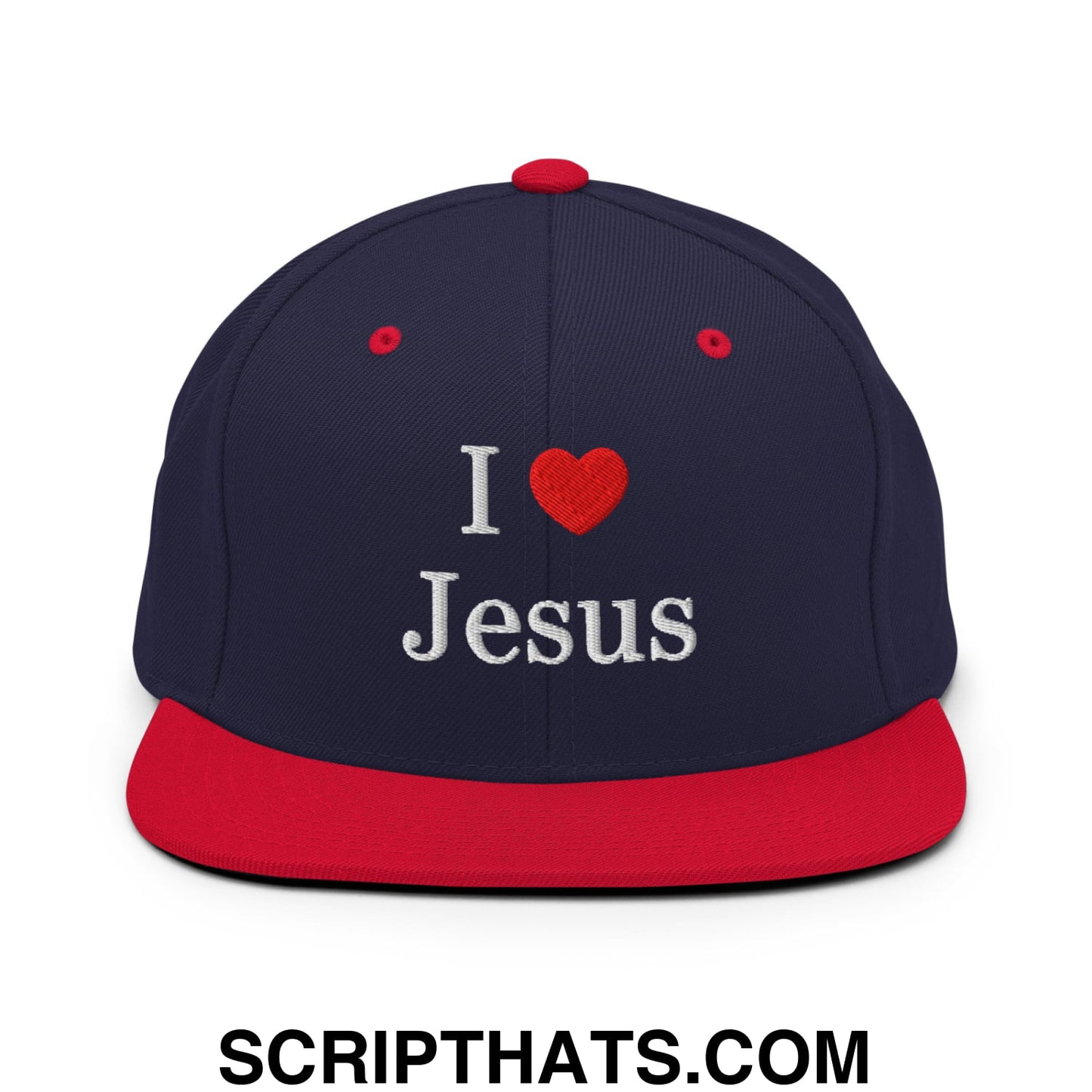 I Love Jesus Embroidered Flat Bill Brim Snapback Hat Navy Red