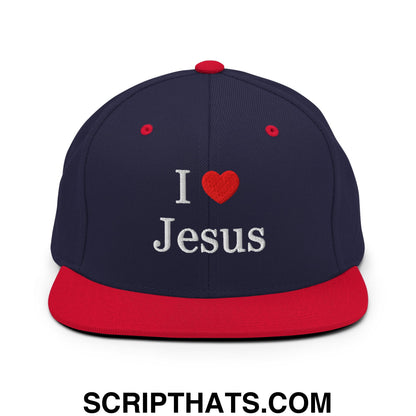 I Love Jesus Embroidered Flat Bill Brim Snapback Hat Navy Red