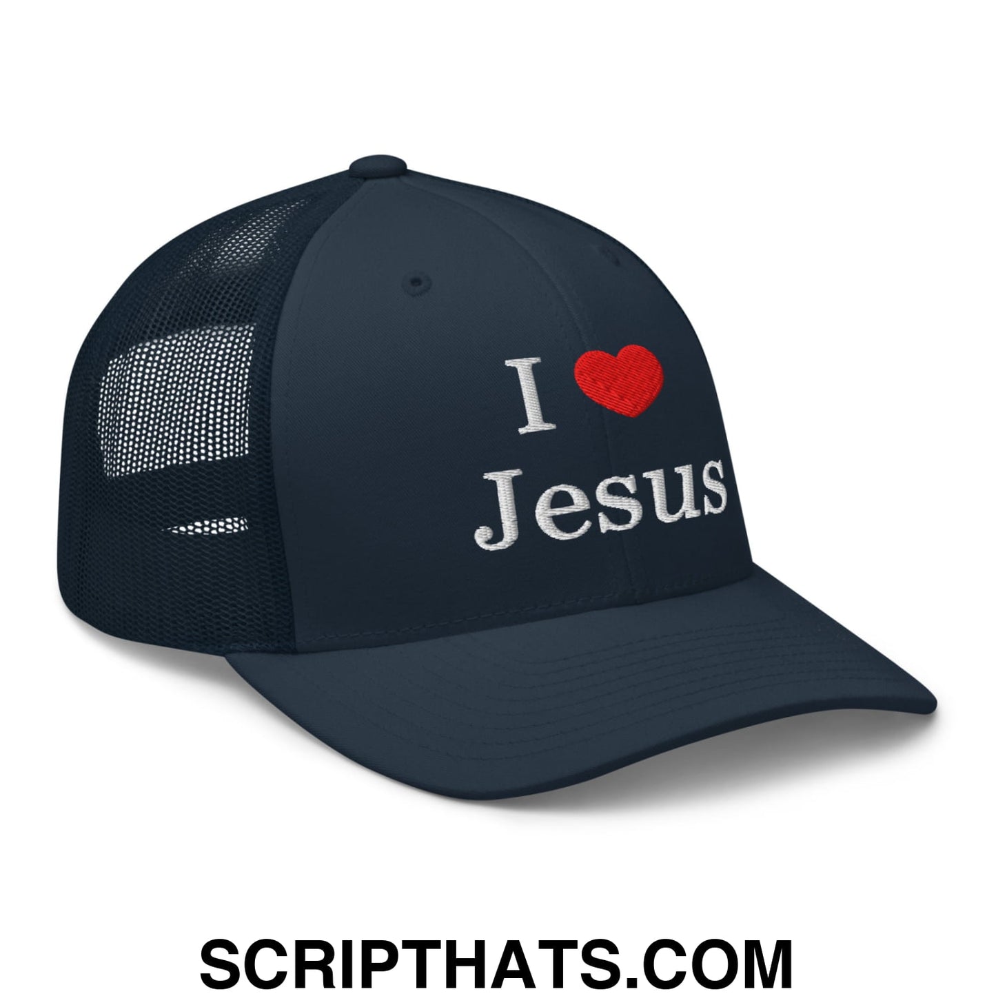 I Love Jesus Embroidered Mesh Trucker Hat Navy
