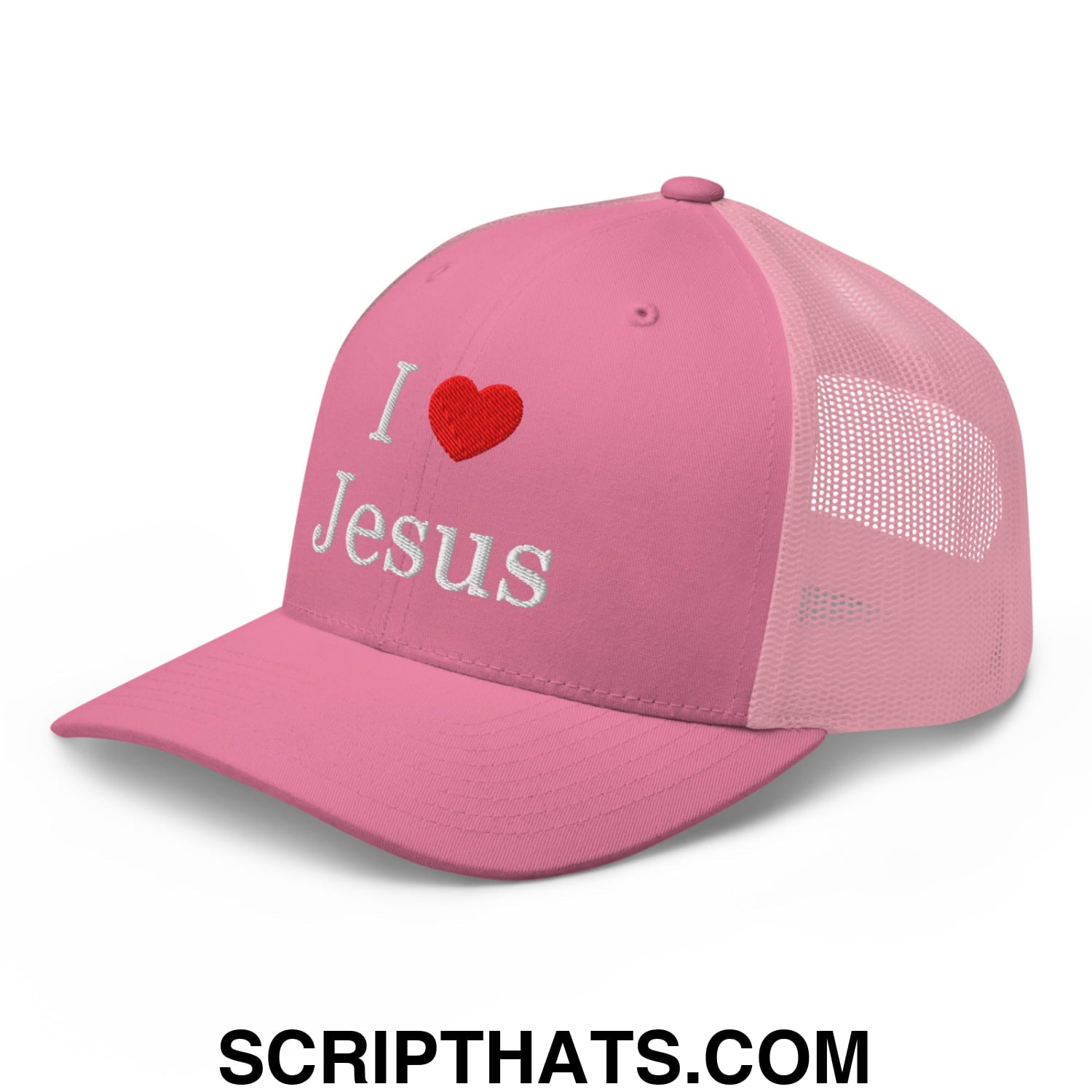 I Love Jesus Embroidered Mesh Trucker Hat Pink
