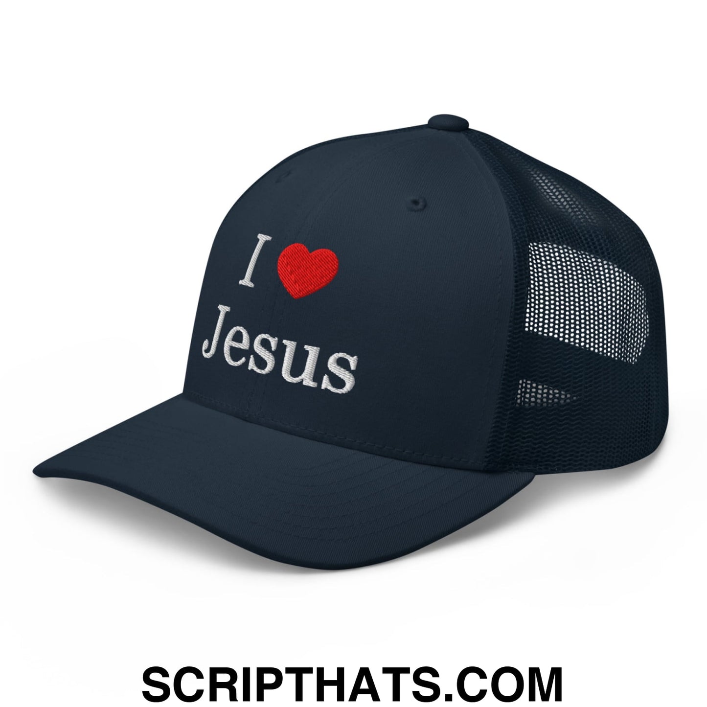 I Love Jesus Embroidered Mesh Trucker Hat Navy