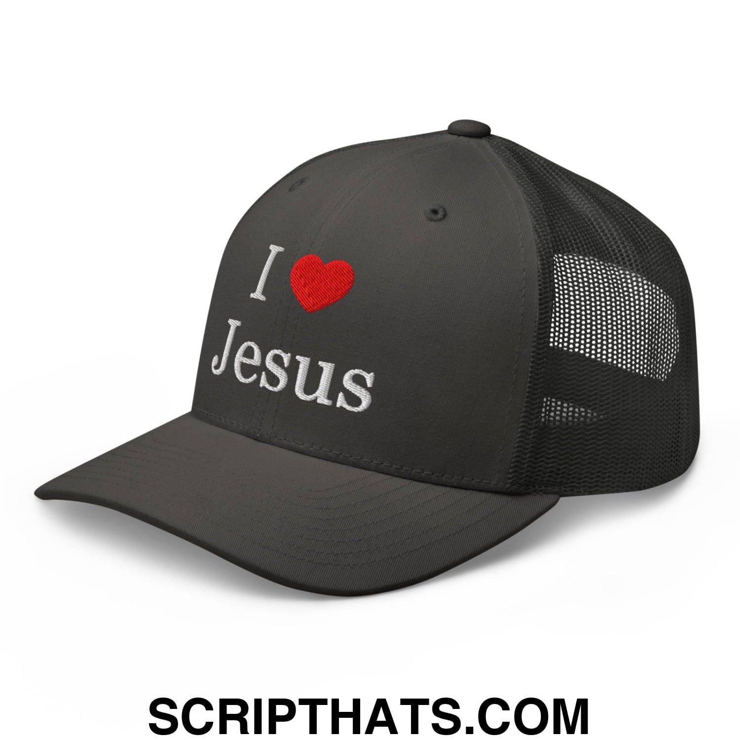 I Love Jesus Embroidered Mesh Trucker Hat Charcoal