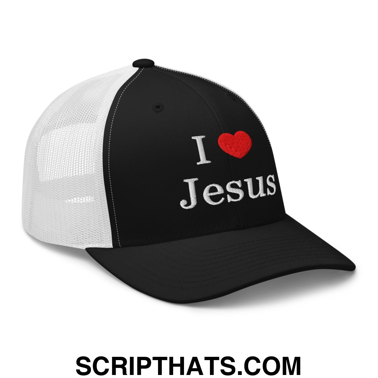 I Love Jesus Embroidered Mesh Trucker Hat Black White