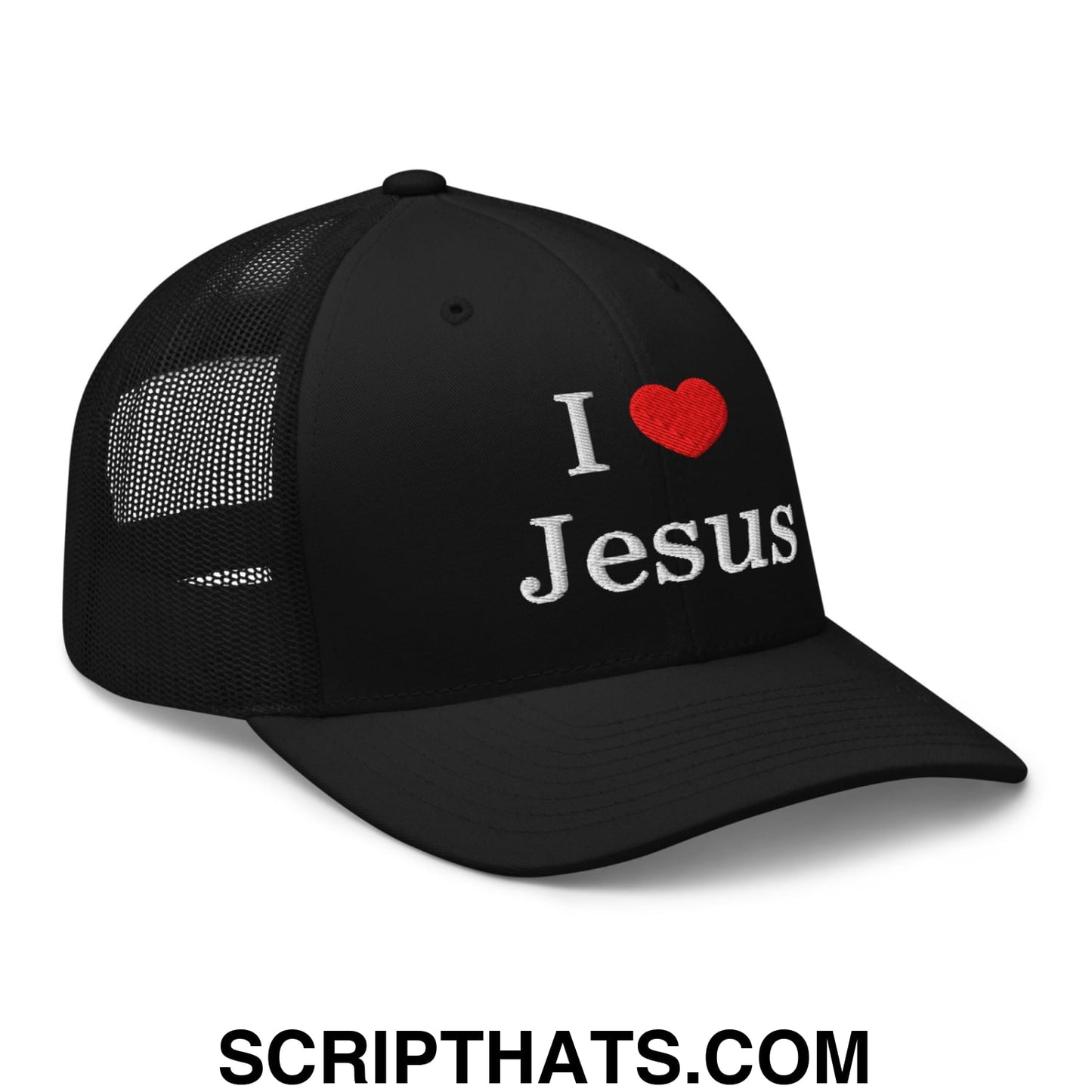 I Love Jesus Embroidered Mesh Trucker Hat Black