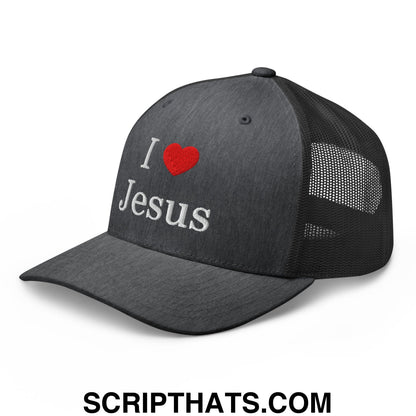 I Love Jesus Embroidered Mesh Trucker Hat Dark Heather Gray