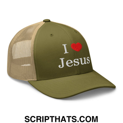 I Love Jesus Embroidered Mesh Trucker Hat Moss Khaki