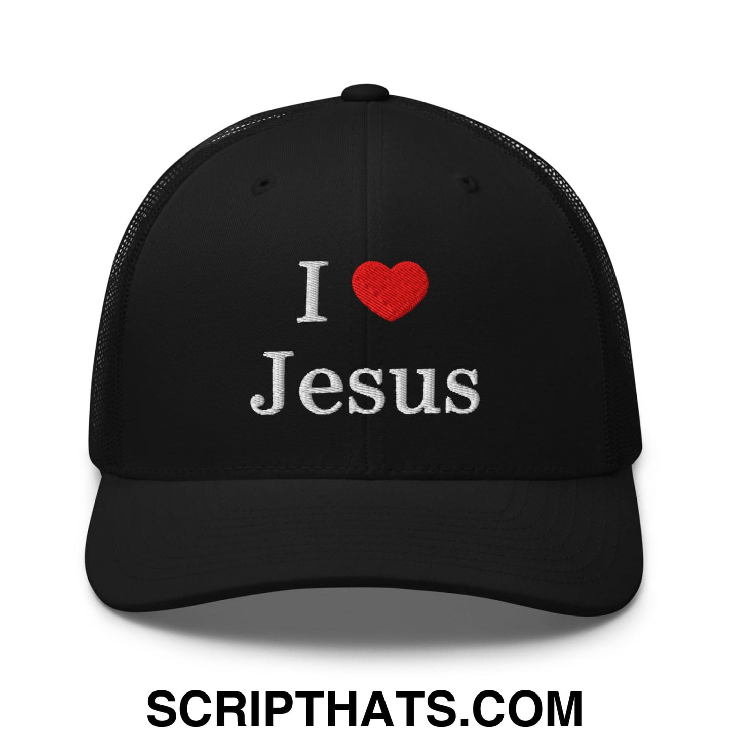I Love Jesus Embroidered Mesh Trucker Hat Black
