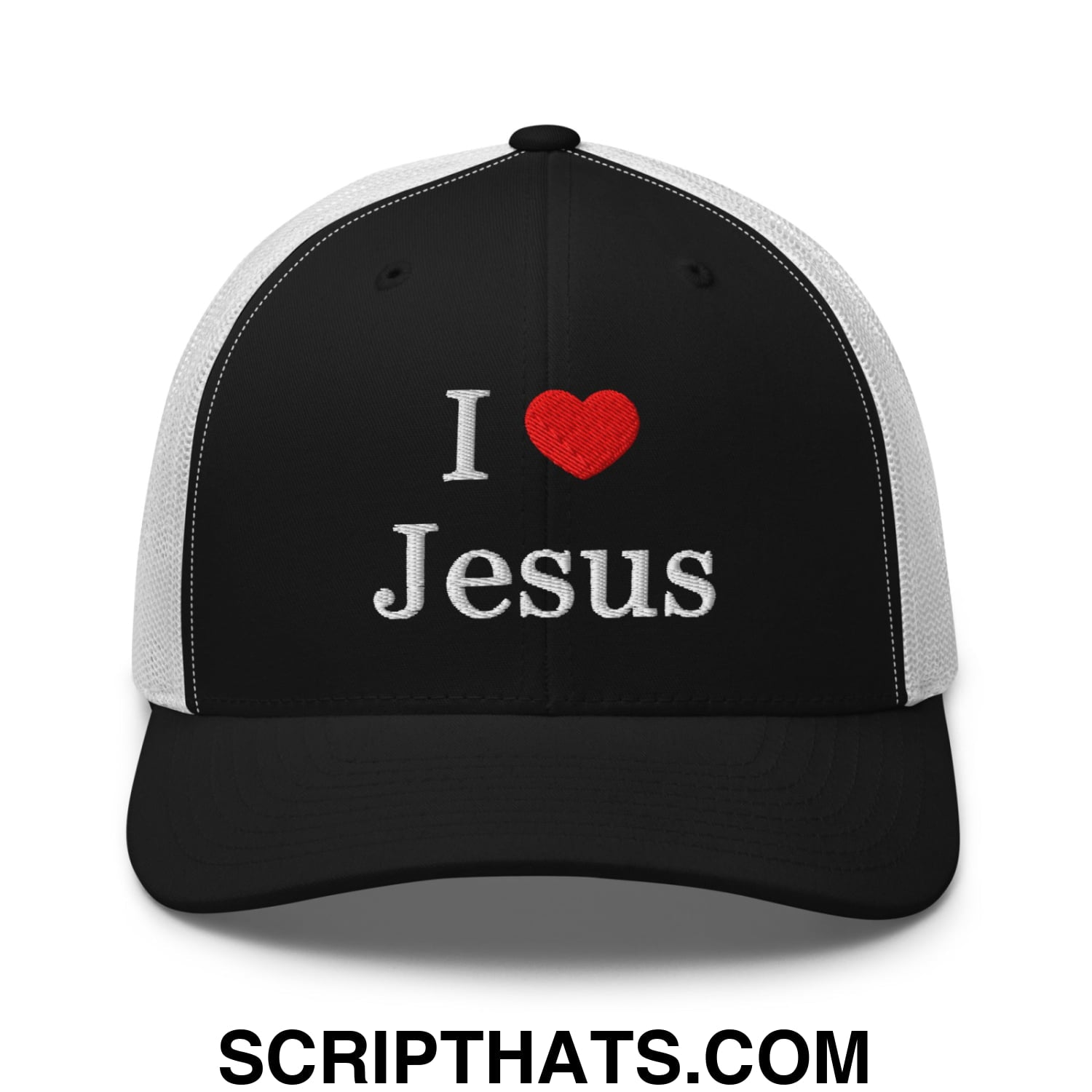 I Love Jesus Embroidered Mesh Trucker Hat Black White