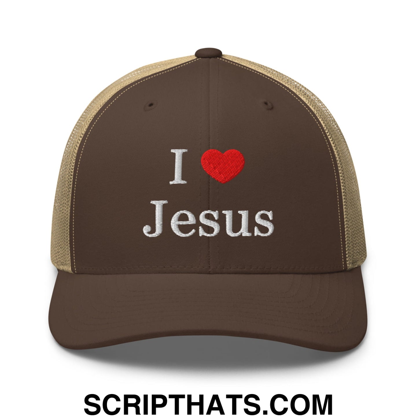 I Love Jesus Embroidered Mesh Trucker Hat Brown Khaki