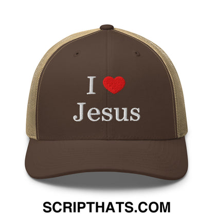 I Love Jesus Embroidered Mesh Trucker Hat Brown Khaki
