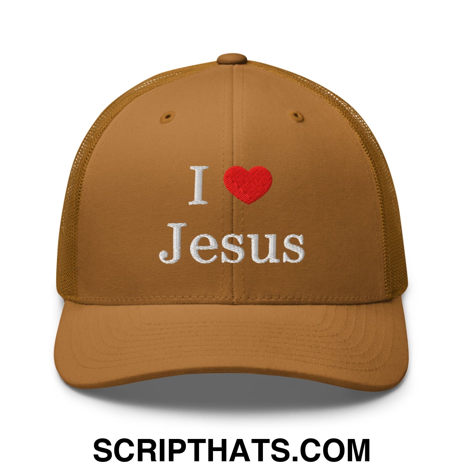 I Love Jesus Embroidered Mesh Trucker Hat Caramel
