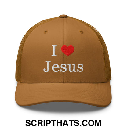 I Love Jesus Embroidered Mesh Trucker Hat Caramel