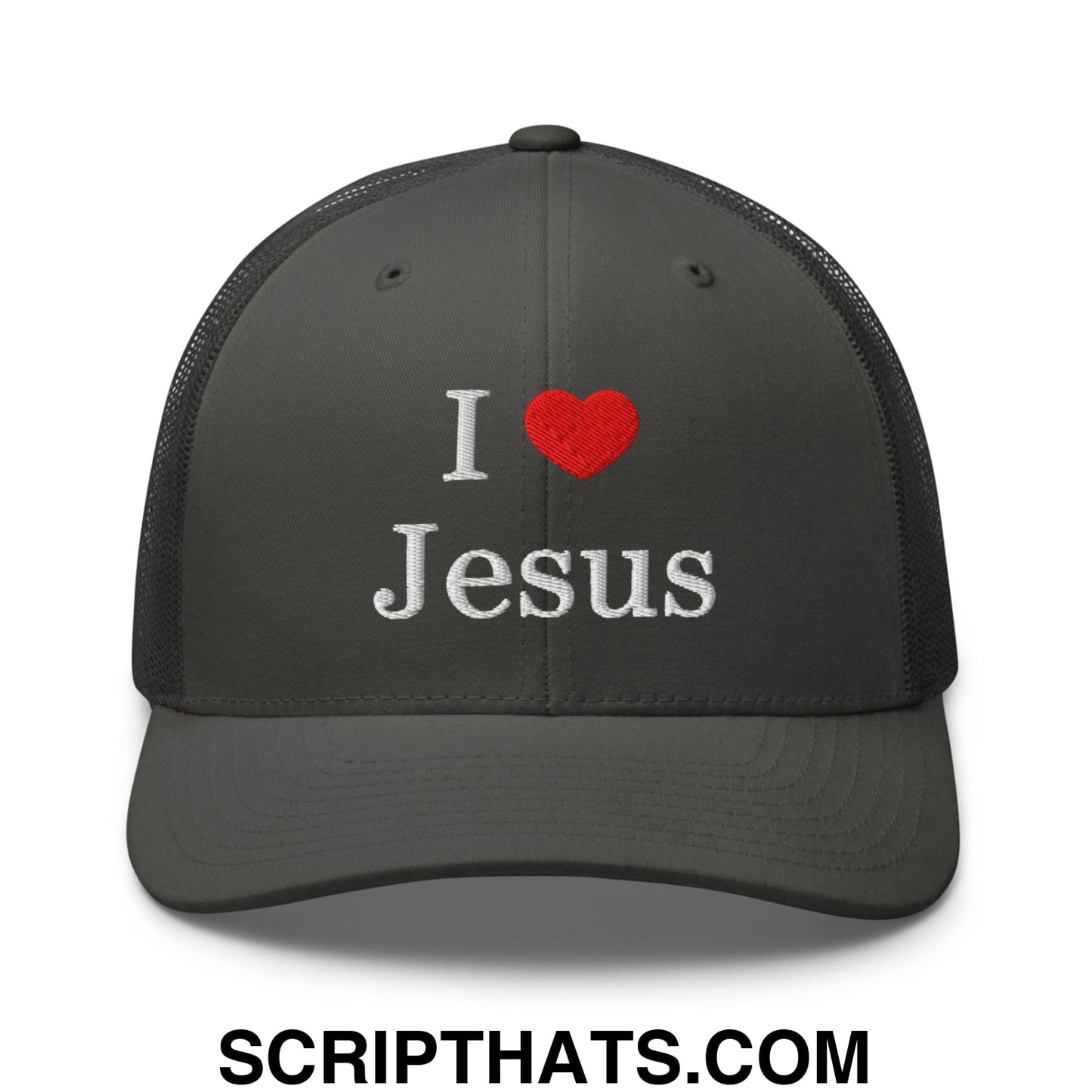 I Love Jesus Embroidered Mesh Trucker Hat Charcoal
