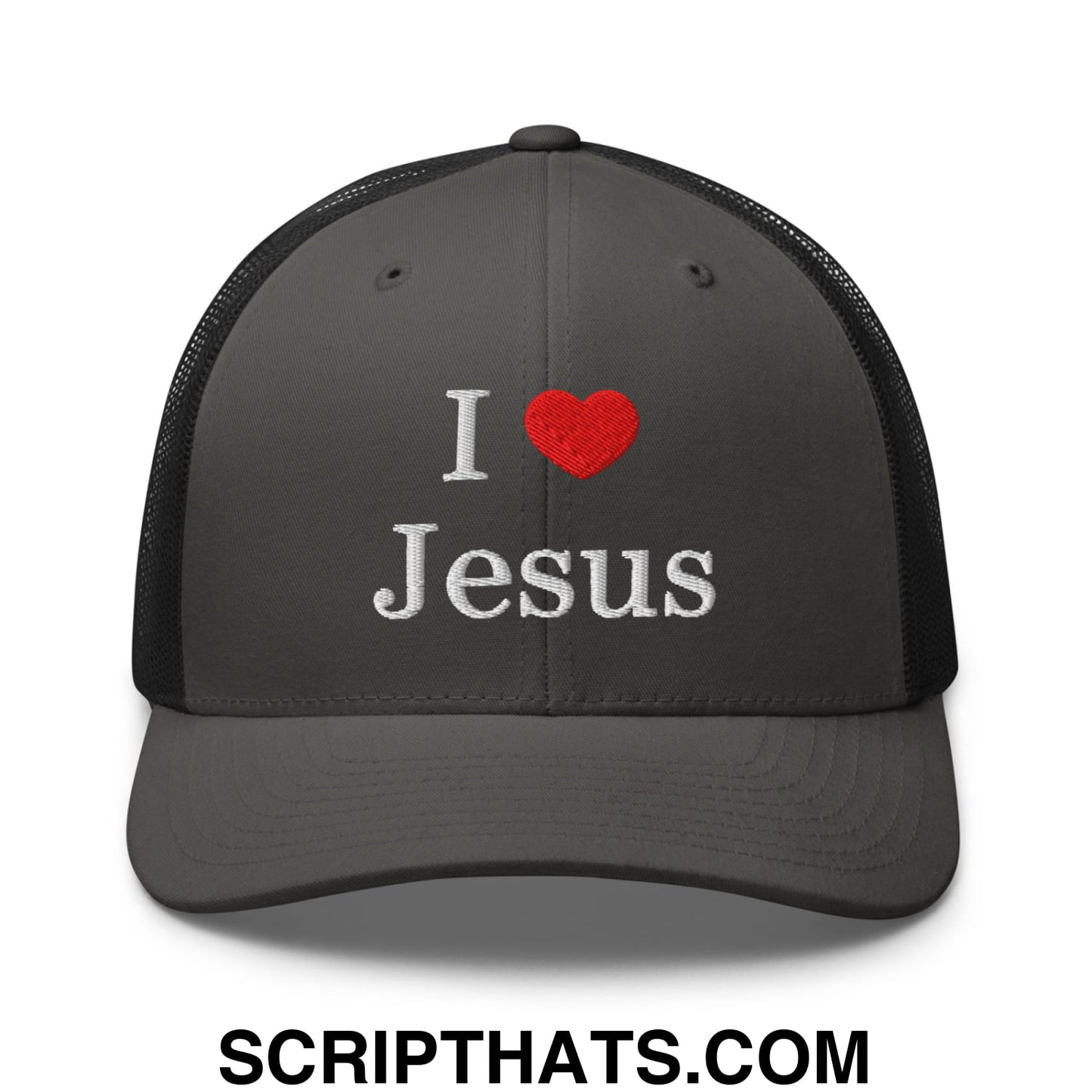 I Love Jesus Embroidered Mesh Trucker Hat Charcoal Black
