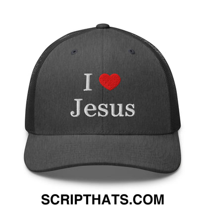 I Love Jesus Embroidered Mesh Trucker Hat Dark Heather Gray