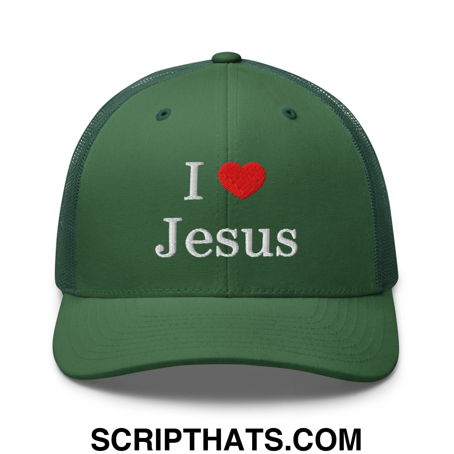 I Love Jesus Embroidered Mesh Trucker Hat Evergreen