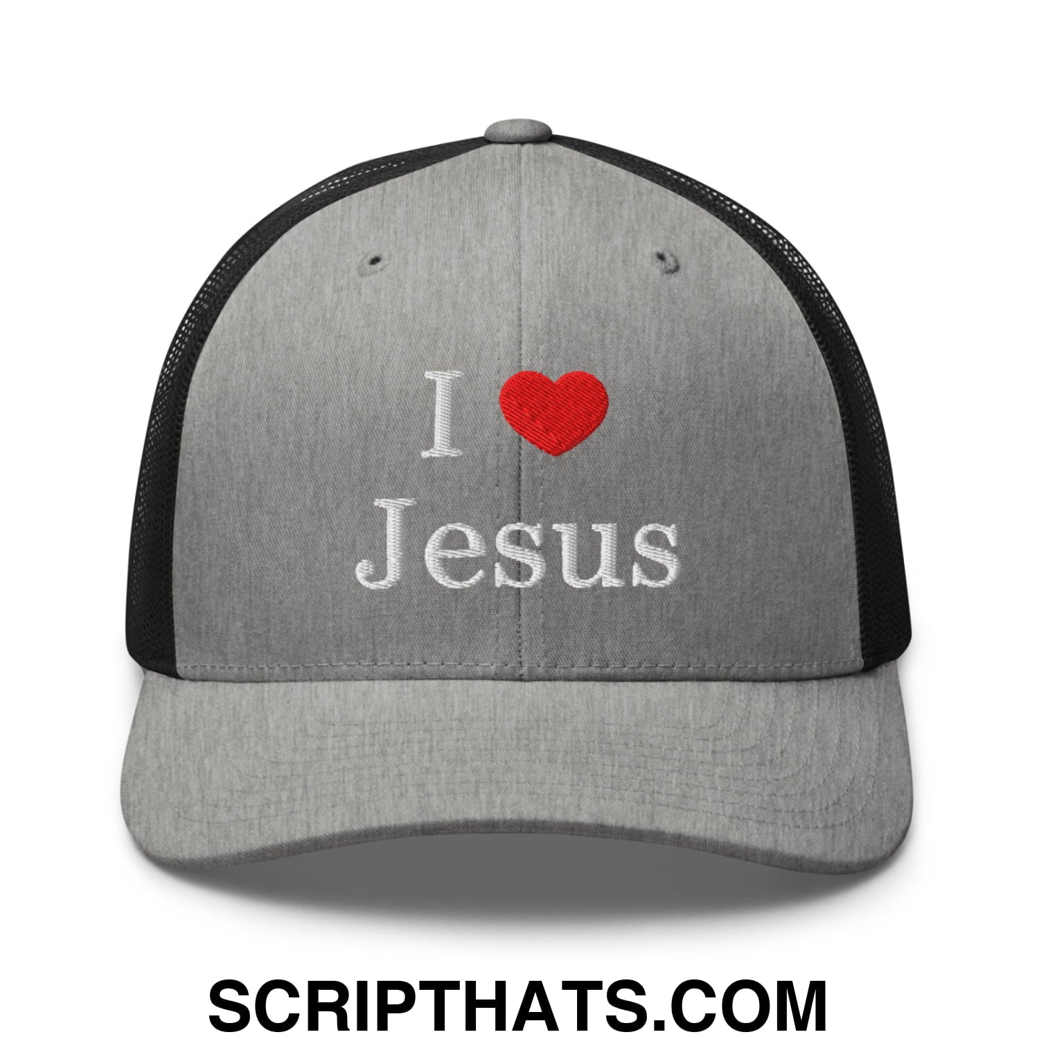 I Love Jesus Embroidered Mesh Trucker Hat Heather Black