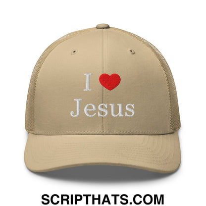 I Love Jesus Embroidered Mesh Trucker Hat Khaki
