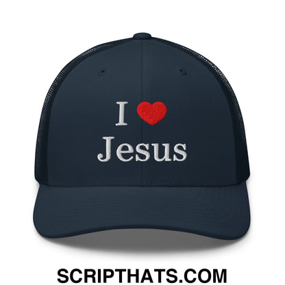 I Love Jesus Embroidered Mesh Trucker Hat Navy