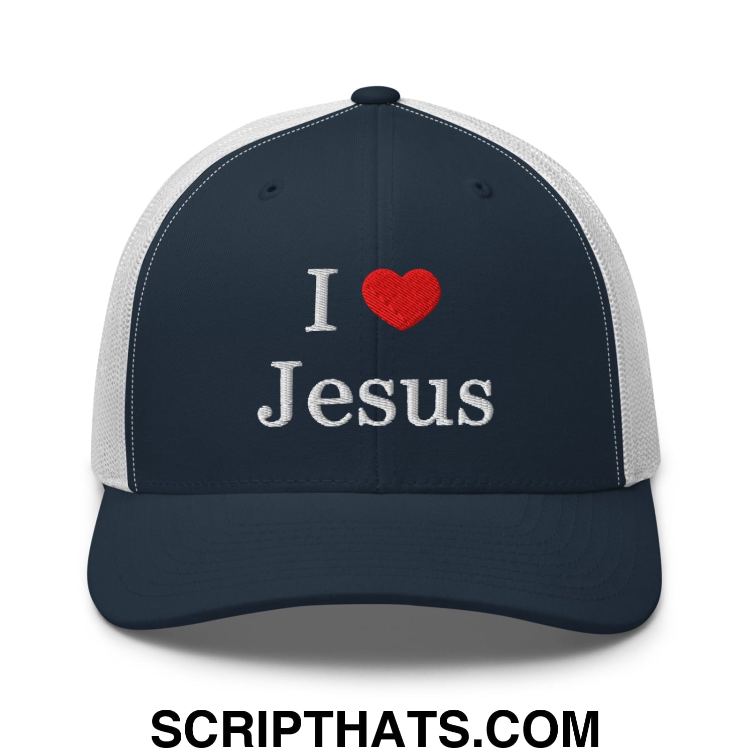 I Love Jesus Embroidered Mesh Trucker Hat Navy White