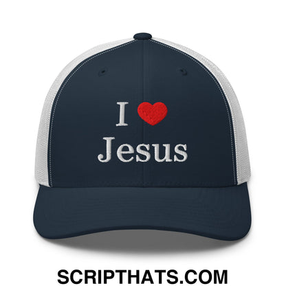 I Love Jesus Embroidered Mesh Trucker Hat Navy White