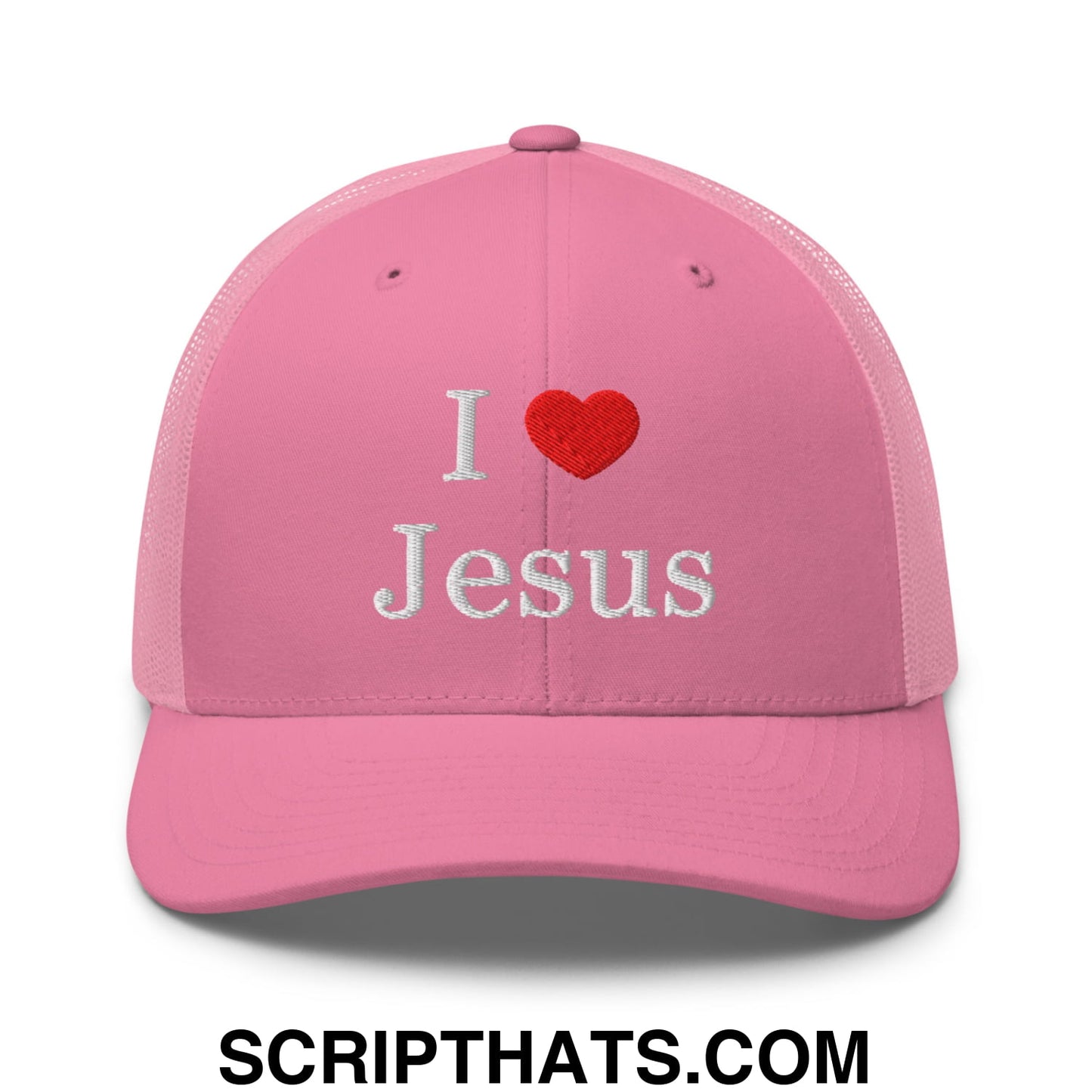 I Love Jesus Embroidered Mesh Trucker Hat Pink