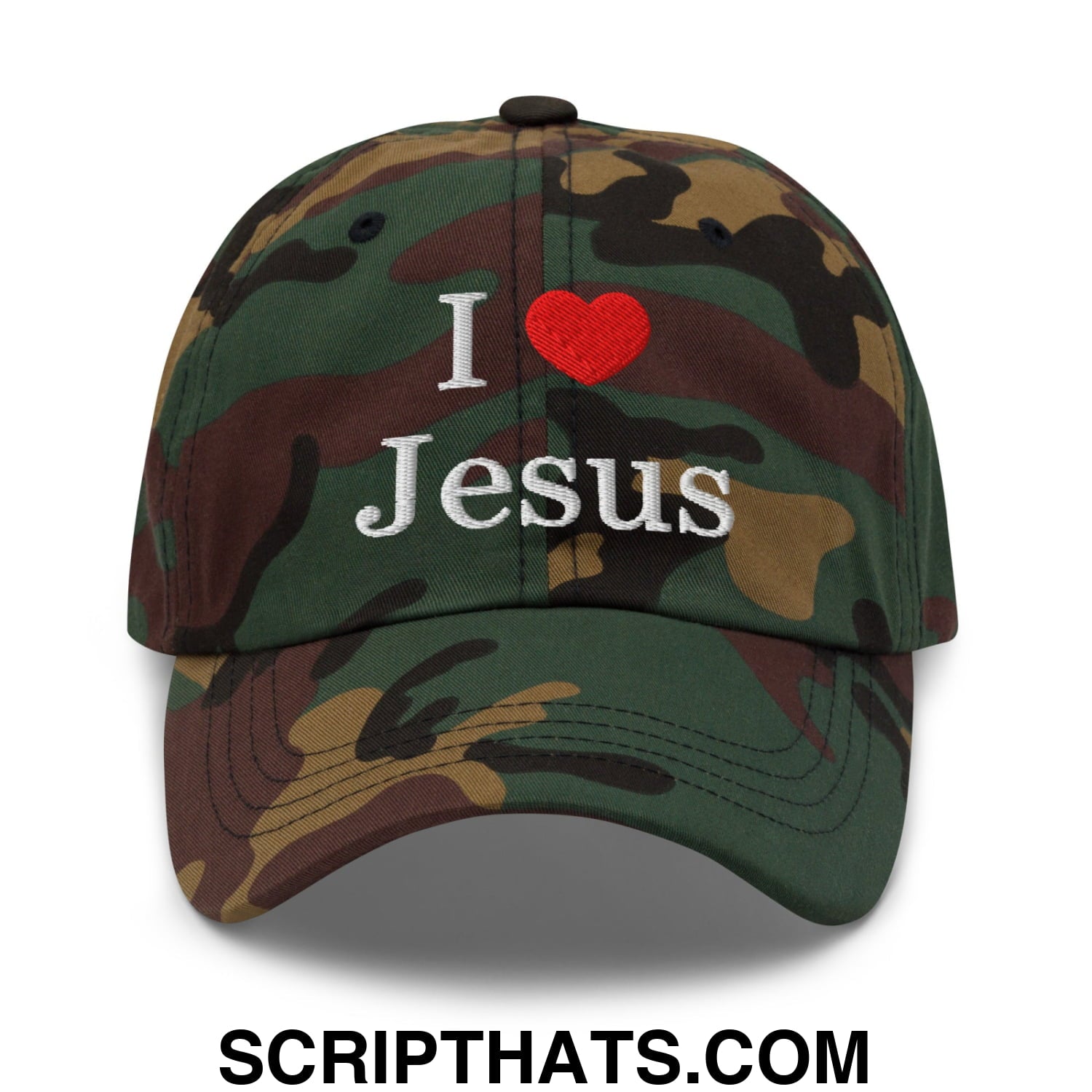 I Love Jesus Embroidered Unstructured Dad Hat Green Camo