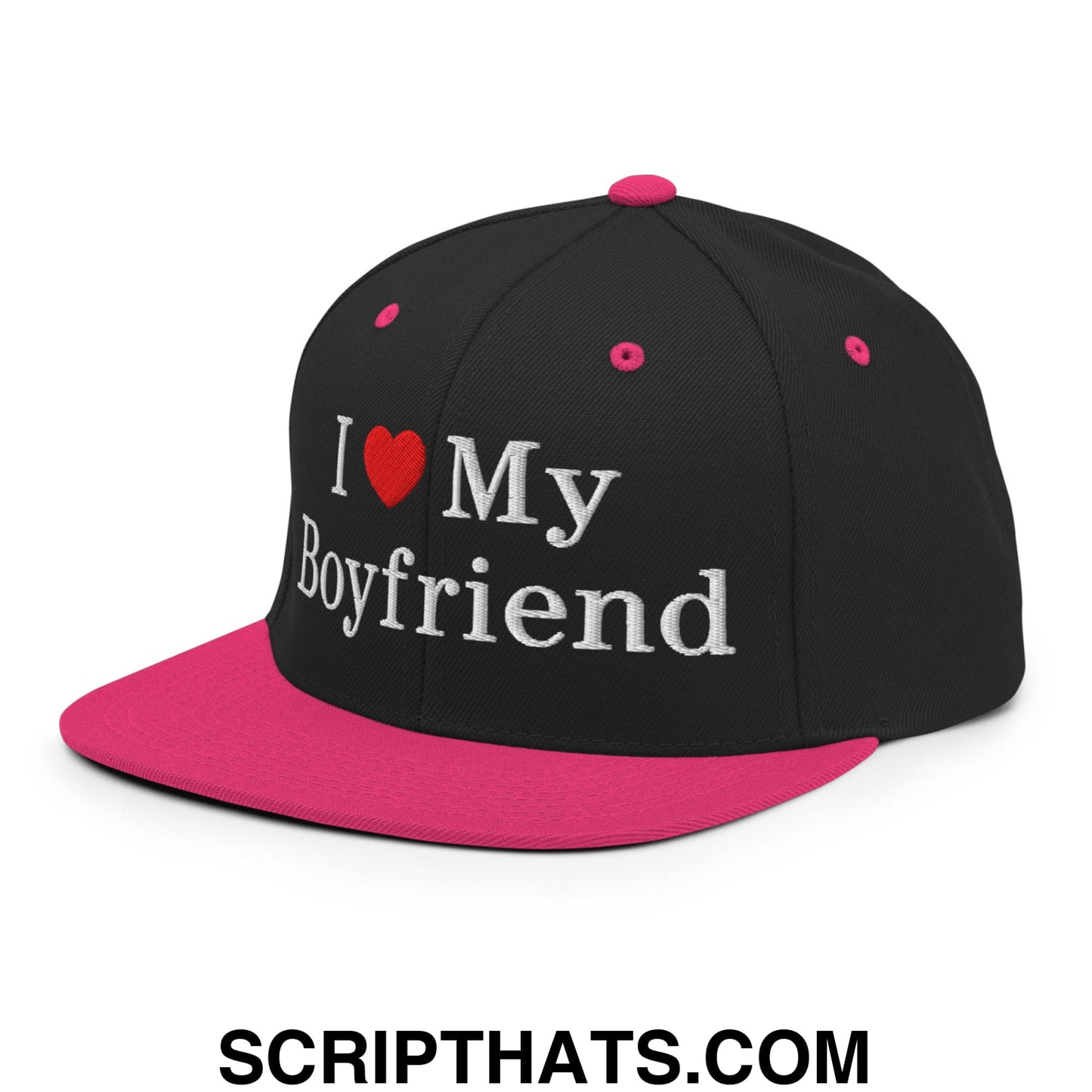 I Love My Boyfriend Embroidered Flat Bill Brim Snapback Hat Black Neon Pink