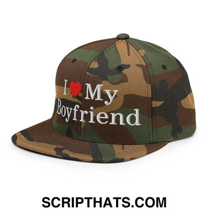 I Love My Boyfriend Embroidered Flat Bill Brim Snapback Hat Green Camo